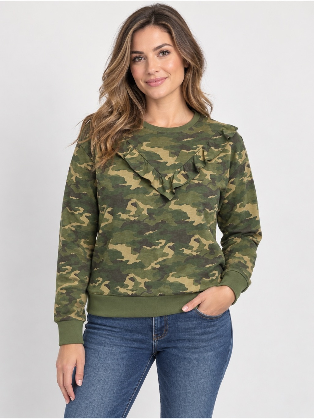 Nine West Green Camo Ruffle Crewneck Sweatshirt